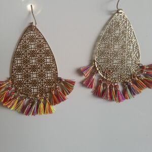 Gold and Red Filigree Earrings with Tassel Accents